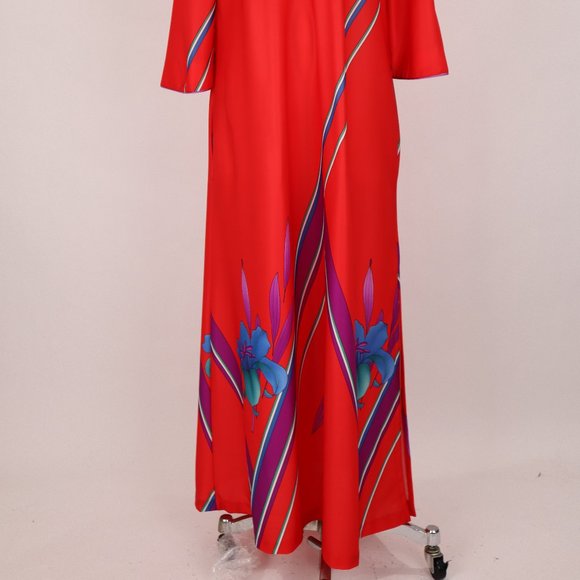 Vtg 70's Lisanne Floral Abstract Red Long Caftan Loungewear Nightgown Robe Asian - Picture 2 of 9